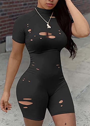 Hilinker Women's Sexy Short Sleeve Bodycon Jumpsuit Club Outfits Shorts Romper Black Small #TOP4