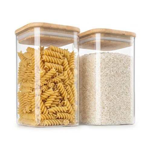 Arendo - Vorratsbehälter mit Deckel 1200ml - 2er Set - Behälter aus Glas hitzebeständig Vorratsdosen/Vorratsgläser mit Bambusdeckel - luftdicht - für Müsli Zucker Mehl Kaffee Reis
