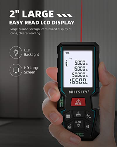 Image of Laser Measure,MiLESEEY 165 Feet Laser Measurement Tool with 2 Bubble Levels, ±1 /16inch Accuracy, M /in /Ft Unit Switching, Backlit LCD and Pythagorean Mode, Measure Distance, Area and Volume