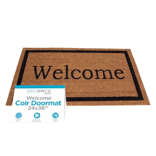 BIRDROCK HOME Welcome Coir Felpudo – 24 x 36 pulgadas – Alfombrilla de bienvenida de gran tamaño con borde negro y decoloración natural – parte trasera de vinilo – al aire libre