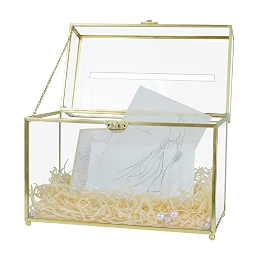 Glass Wedding Card Box with Slot, Large Clear Card Box Gold Brass Gift Card Storage Box Perfect for Wedding Receptions, Baby Shower, Birthday Party, Bridal Shower Greeting Card Glass Organizer