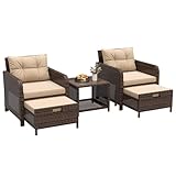 LHBcraft Outdoor Furniture 5 Piece Patio Conversation Set, PE Rattan Patio Set with Soft Cushions & Coffee Table, Outside Furniture with Hidden Ottoman for Porch, Lawn, Garden, Balcony, Brown