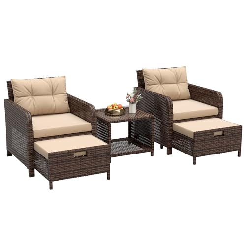 LHBcraft Outdoor Furniture 5 Piece Patio Conversation Set, PE Rattan Patio Set with Soft Cushions & Coffee Table, Outside Furniture with Hidden Ottoman for Porch, Lawn, Garden, Balcony, Brown