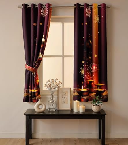 Image of Ultimate Trends Festival Themed Light Filtering Polyester Curtain Diya, Lantern, Lotus & Fireworks Print | Ideal for Diwali, Pooja Room, Living Room Dcor | Eyelets|, 7 FEET (Pack of 2)