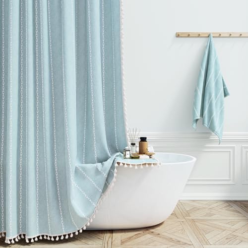 BTTN Boho Shower Stall Curtain - 36x72 Narrow Linen Thick Striped Tassel Fabric Shower Curtain Set with 6 Hooks, Half Modern Farmhouse Cottage Decorative Cloth Shower Curtains for Bathroom - Fog Blue