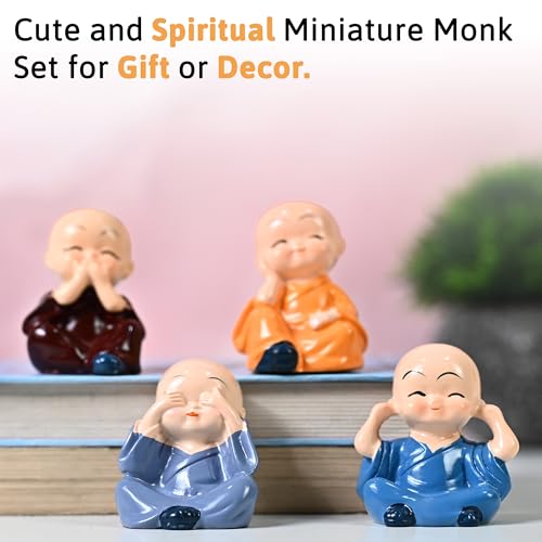Image of HindCraft Mini Monk Figurines Set of 4 - See No Evil, Hear No Evil, Speak No Evil, Think No Evil Statues - Cute Ceramic Monk Ornaments for Home, Office, Meditation Festive Decor