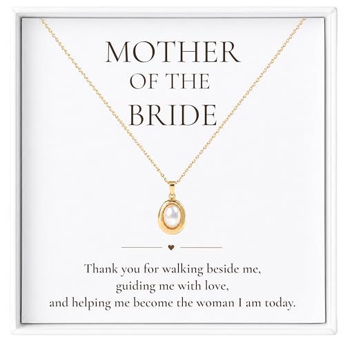 MissDaisy-Mother of the Bride Necklace Gift - Wedding Day Jewelry for Mom from Daughter with Message Card and Gift Box - 18K Gold Plated Oval Pearl-Style Pendant