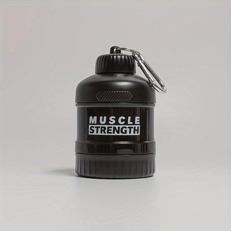 Portable Protein Powder Funnel Dispenser, 1-Layer Stackable Supplement Storage Bottle, Small Travel Medication Container with Carabiner for Gym, Shaker Bottle & Outdoor, Black