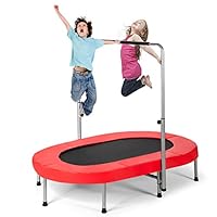 COSTWAY Kids Trampoline, 2 Persons Foldable Fitness Trampolines with 5 Levels Height Adjustable Handle, Indoor Double Oval Rebounder Exercise Jumper for Children, Teens and Adults (Red)