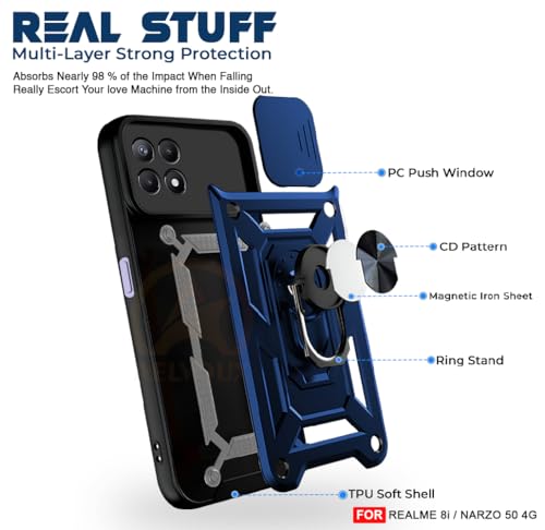 Image of Armor Bumper Back Cover Case for Realme 8i / Narzo 50 4G Rotating Camera Cover, Ring Holder & Kickstand | Heavy Duty & 360 Degree Protection Realme 8i / Narzo 50 4G Back Cover (Blue)