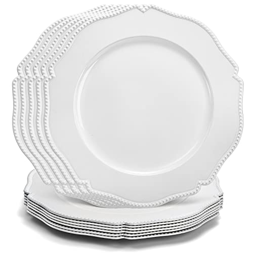 Foraineam 12 Pack White Charger Plates with Beaded Rim 13 Inch Round Plastic Dinner Chargers Scalloped Serving Plates for Table Settings Wedding Party Catering Event Decoration