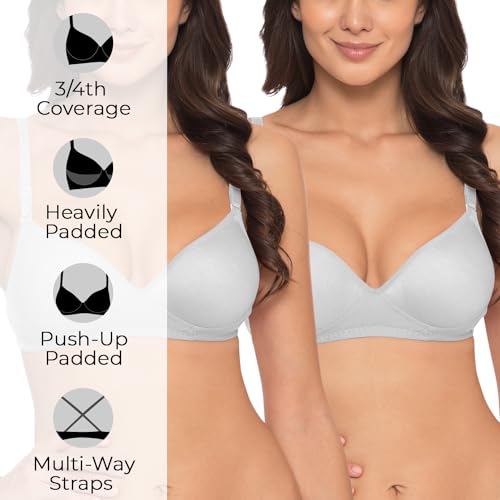 Image of Komli - Heavily Padded Push-Up Bra - Cotton Rich - Balconette - 3 /4th Coverage, Seamless, Wireless, Multiway Straps - T-Shirt Bra (Pack of 2)