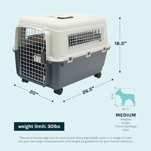 SportPet Airline Compliant MEDIUM 24.25" Travel Dog Kennel-Durable Plastic Airline Pet Carrier w/Removable Wheels & Food Bowls, Collapsible Indoor/Outdoor Dog Kennel, Dogs up to 23"L & 15"H-Cream/Gray by SportPet Designs - Image 2