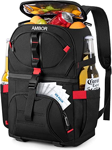 Cooler Backpack With 5 Ice Packs, 32 Cans Insulated Cooler Bag, Ambor Large Capacity Lunch Backpack With Double Decks, Soft Lightweight Leakproof Cooler Backpack For Men Women Work/Hiking/Camping #TOP14
