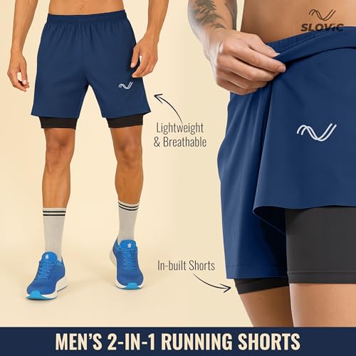 Image of SLOVIC Running Shorts for Men Stylish | 2 in 1 Double Layer Shorts | Lightweight & Breathable Gym Shorts for Men Workout | Ideal for Running, Gym & Sports Blue