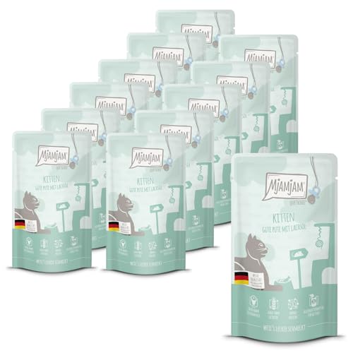 MjAMjAM - Premium Nassfutter für Katzen - Quetschie - Kitten gute Pute mit Lachsöl, 12er Pack (12x125g), getreidefrei