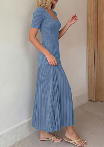 Image of PRETTYGARDEN Women's 2026 Spring Midi Sweater Dresses Elegant Pleated Ribbed Knit Short Sleeve V Neck A Line Summer Outfits