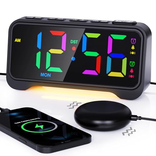 ROCAM Despertador Vibrante con Alarma Potente, Despertador Digital RGB para Dormilones, Pantalla Grande con Día de la Semana, Doble Alarma, Volumen y Brillo Ajustables, USB, Luz Nocturna, 12/24H, DST