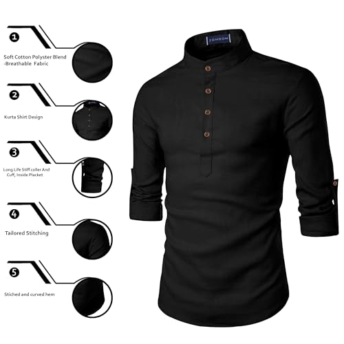 Image of Zombom Men's Cotton Blend Solid Casual Regular Fit Mandarin /Chinese Collor Short Full Sleeve Kurta for Men
