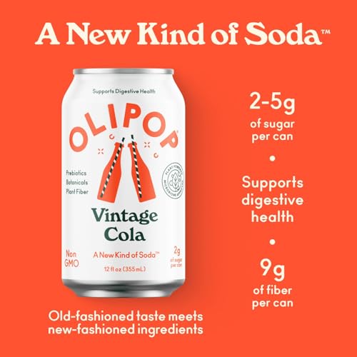 OLIPOP Prebiotic Soda Pop, Vintage Cola, A New Kind of Soda Packed with Prebiotics, Fiber, and Botanicals, Gluten Free, Vegan, GMO Free, 12oz (12-Cans)