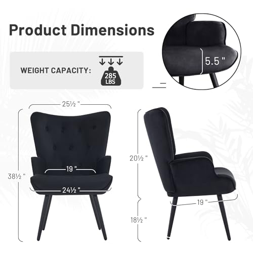 Furniliving Soft Velvet Accent Chair Set of 2, Upholstered High Backrest Arm Chair with Solid Metal Legs, Tufted-Button Design Reading Chair, Sofa Chair for Bedroom, Living Room, Office, Black
