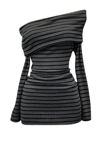 SweatyRocks Strickkleid Damen Winter Kurz Pulloverkleid Langarm Kleid Mit Streifen Pullikleid Herbstkleid Off Shoulder Kleid Minikleid Grau S