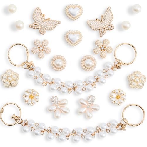 Iradiettes 20 Pcs Rhinestone & Pearl Shoe Charm Set Including Butterfly Flower and Chain Designs for Clogs & Sandals - Cute Accessories for Women Ideal Gift Choice