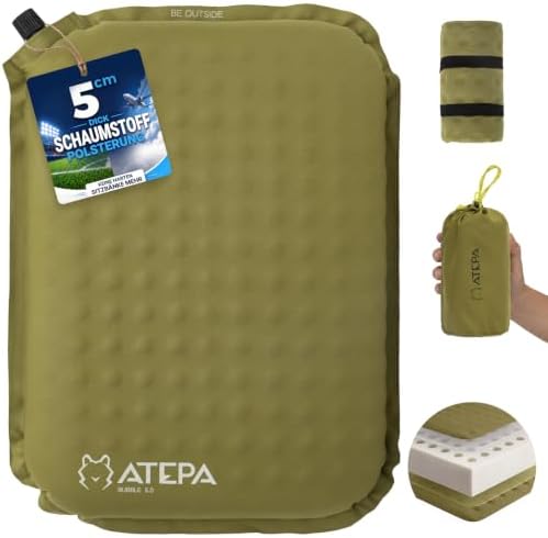 ATEPA Sitzkissen Outdoor, Aufblasbares Sitzkissen, Oliv | 5 cm Selbstaufblasendes Sitzpolster aus Schaumstoff, Kompaktes Kissen für Stadion, Flugzeug, Camping, Wandern, Outdoor-Spo