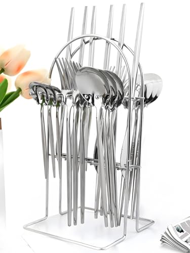Image of BonZeaL Stainless Steel 24 Pieces Silver Cutlery Set for 6 Person with Stand Mirror Finish Flatware Set for Dining Table Hotel Cafe Bar Restaurant Premium House Warming Gifts for New Home Kitchen