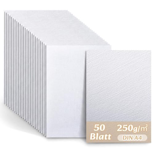 Faccito 50 Hojas de Cartulina Texturizada Blanca Tamaño DIN A4 21 x 29,7 Cm, 250g, con Relieve de Lino Cartulina Imprimible Ideal para Tarjetas de Visita, Invitaciones de Boda Tarjetas de Cumpleaños