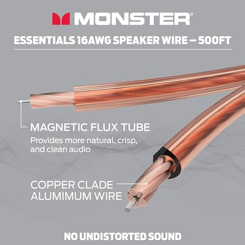 Monster Copper Clad Aluminum (CCA) Speaker Wire 16 Gauge Cable 500 FT Spool - Ideal for Home Cinema Cables and Car Audio Cable