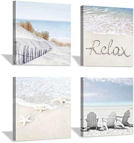 Coastal Artwork Beach Wall Art: Starfish & Chairs on Sand Painting with Word Picture on Canvas for Living Room (16” x 16'' x 4 Panels)