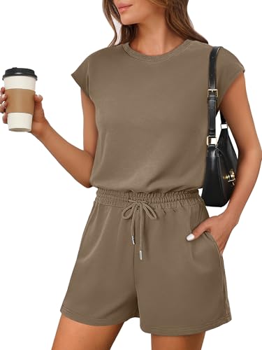 ANRABESS Rompers for Women Summer 2026 Casual Cap Sleeve Crewneck Drawstring One Piece Jumpsuit Outfits with Pockets Khaki Medium