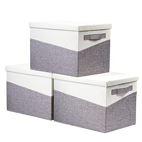 Fabric Storage Box With Lids [3 Pack] Foldable Closet Shelf Organizer Linen Decorative Bins With Cover Handles Collapsible Baskets Containers For Home Closet Clothes Nursery Toy (15X10X10 Inch, 27L, Grey) #TOP17
