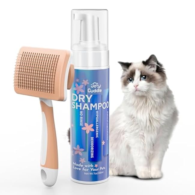 Waterless Cat Shampoo with Brush - No Rinse Safe Licking Foam, Reduce Shedding & Dander, Hypoallergenic for Kittens/Senior Cats, Quick Dry Grooming & Odor Control, Dry Shampoo pH Balanced (7 oz)-UB7HwzWJ