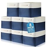 meekoo 8 Pack Collapsible Storage Bins Fabric Storage Bins Polyester Fabric Baskets with Handles Linen Closet Organizer for Shelf Home Closet Towels Toys(15 x 11 x 9.5 in,Blue White)