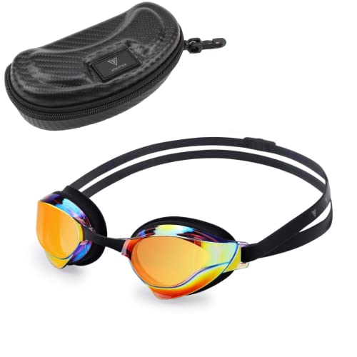 V ATHLETICA Unisex Adult and Youth Racing Swim Goggles and Case (Black-Gold)