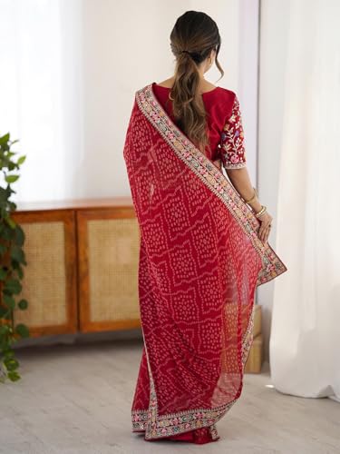 Image of Satrani Women's Georgette Bandhani Printed Sequin Embroidery Saree with Unstitched Blouse Piece