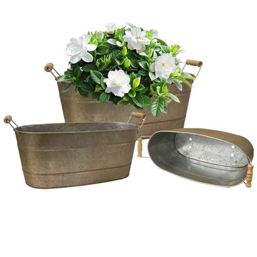 vensovo 15 Inch Galvanized Planters for Outdoor Plants - 3 Pcs Rustic Large Metal Flower Buckets with Drainage & Plug, Farmhouse Style Oval Planter Containers with Handles, Great for Home Decor