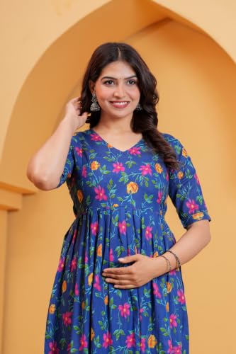 Image of The Moon Star Women's Cotton Floral Printed Anarkali Maternity Feeding Kurti | Breastfeeding Dress for Mothers | Zipper Feeding Kurti, Nursing Kurti, Comfortable and Trendy Maternity Wear