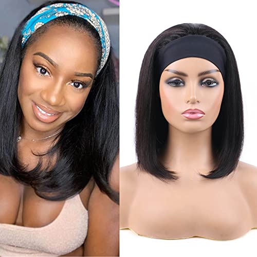 Huarisi 10a Headband Wigs Bob Human Hair 12 Inch Short Straight Headband Bob Wigs Remy Hair Bob Wig Blunt Cut without Bangs None Lace for Black Women Natural Colour