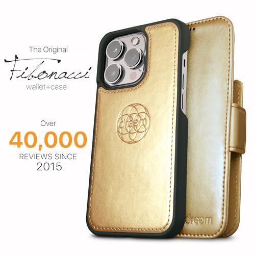 Image of dreem Fibonacci Wallet Case for iPhone 14 & iPhone 16e Case Wallet | 3-in-1 Magnetic Detachable Vegan Leather Cover with Built-in Kick-Stand, RFID Blocking Card Holder, MagSafe Compatible [Gold]