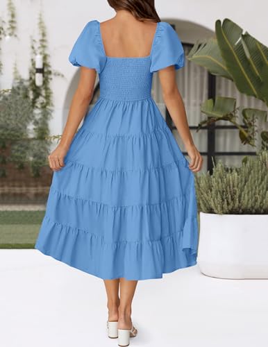 Image of ZESICA Women's 2026 Summer Puff Sleeve Midi Dress 2026 Boho Solid High Waist Flowy Beach Wedding Guest Long Dresses