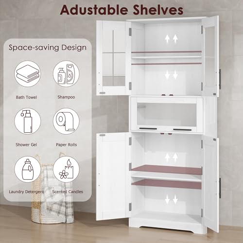 GAOMON Tall Bathroom Cabinet, Freestanding Storage Cabinet with Glass Doors and Adjustable Shelves and Drawers, 67" Tall Cabinet for Kitchen, Pantry, Living Room,White