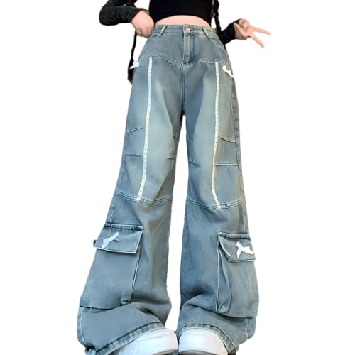 Grunge Y2K Kawaii Gothic Clothes Casual Straight Wide Leg Vintage White Lace Bows Decor Cargo Jeans for Women