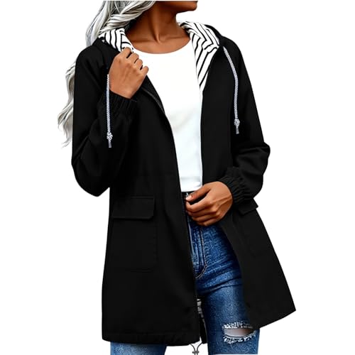 Luuegef Chaqueta De Mujer Rain Jacket Women Long Waterproof Windbreaker Hood Striped Lined Raincoat Fall Work Outfits for Women 2026 Chaqueta para Mujer Black M