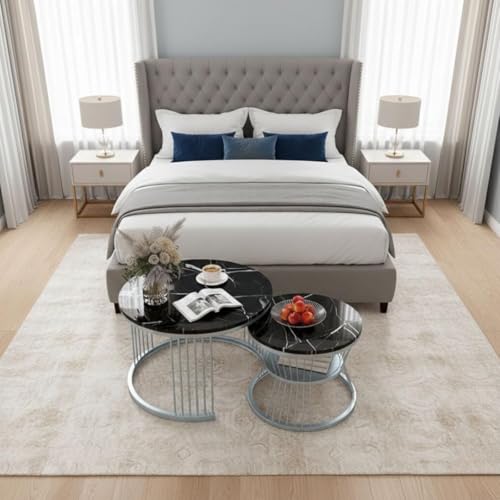 Image of Modern Nested Coffee Table Set of 2 | Round Marble Finish Tabletop with Metal Base | Luxury Center Table for Living Room, Lounge & Office (Gry Black)