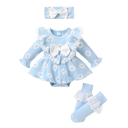 Image of CBHAIBLYD Newborn Infant Patterned Lace Ruffle Romper with Matching Socks and Headband Ribbed Baby Bodysuit Sets 0-18M
