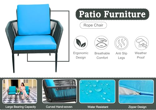 Image of DEVOKO 3 Piece Outdoor Bistro Rope Conversation Patio Set All Weather Chairs and Table with Cushions for Garden, Deck, Backyard, Balcony, Porch (Grey & Sky-Blue)