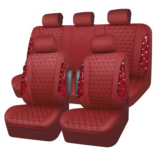 CAR PASS Bling Diamond Burgundy Leather Car Seat Covers Full Sets Interior Sets Waterproof Shining Glitter Sparkly Crystal Universal Armrest Fit Automotive Truck SUV Cute Women Girl Red Rhinestone